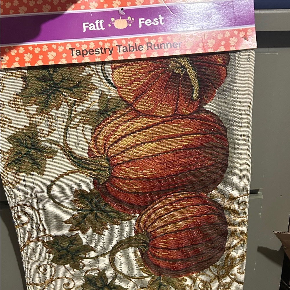 Fall Fest Tapestry Table Runner - Orange Pumpkin Design 13 x 72